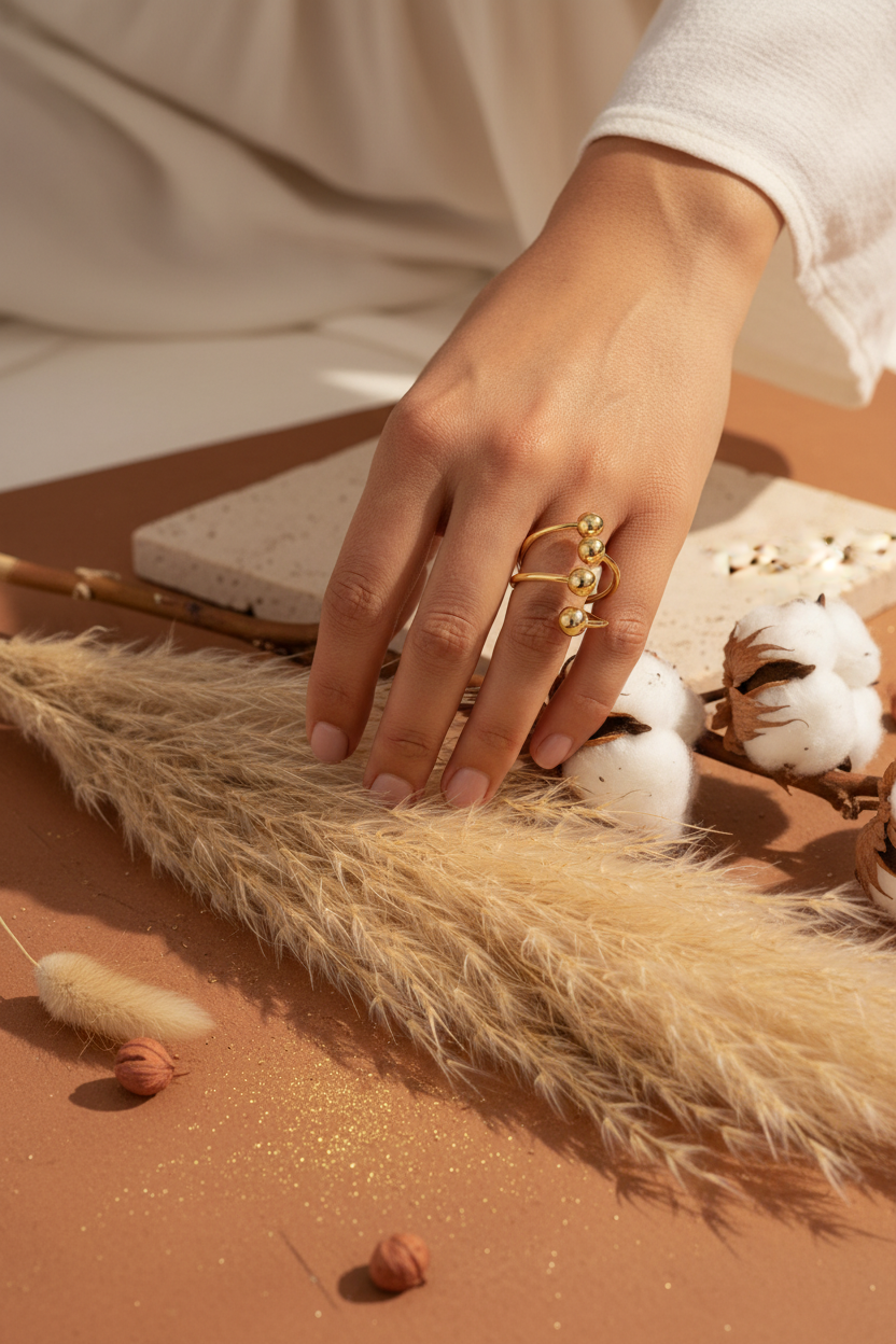 Bague boules dorées portée - Isivénya