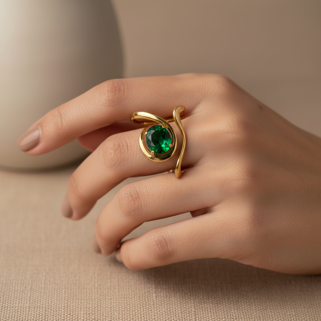 Bague serpent dorée avec pierre verte portée