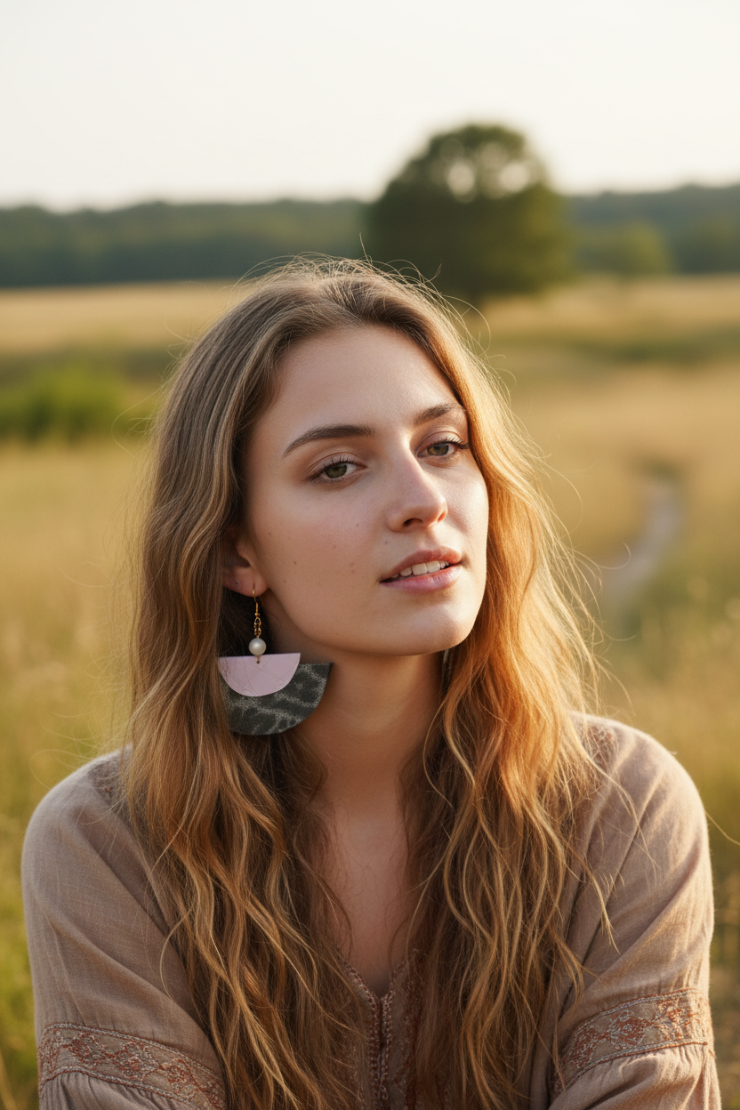 Boucles d'Oreilles Cuir Nacre portées - Style nomade libre