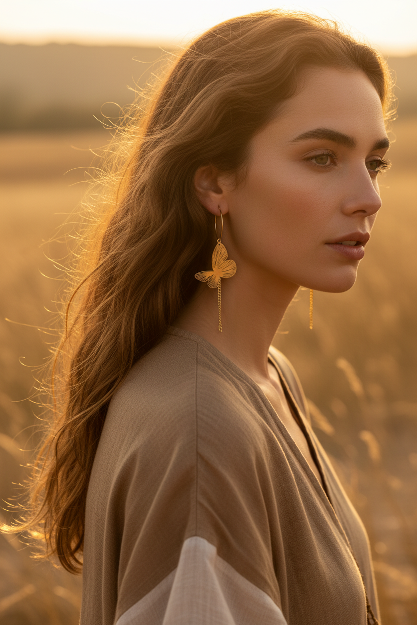 Boucles d'oreilles papillon portées - Âme Nomade