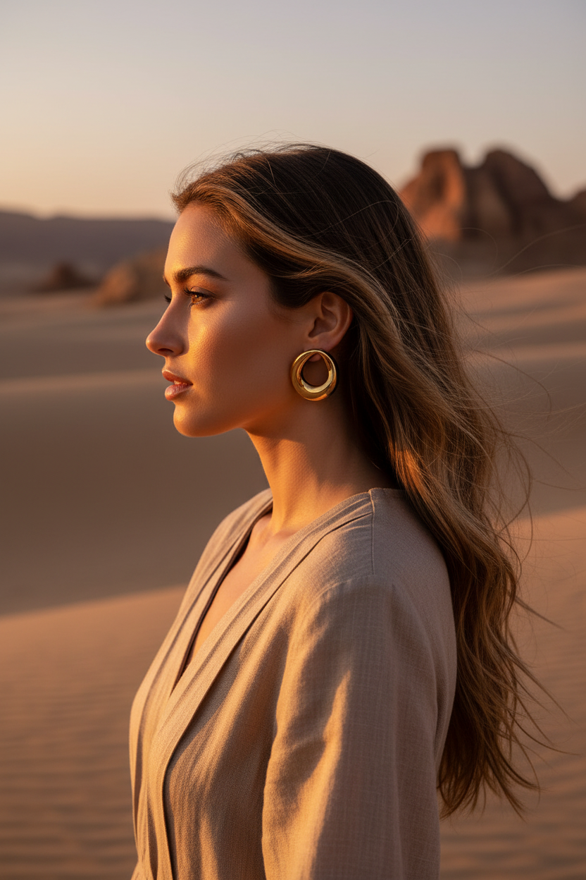 Boucles d'oreilles rondes dorées portées