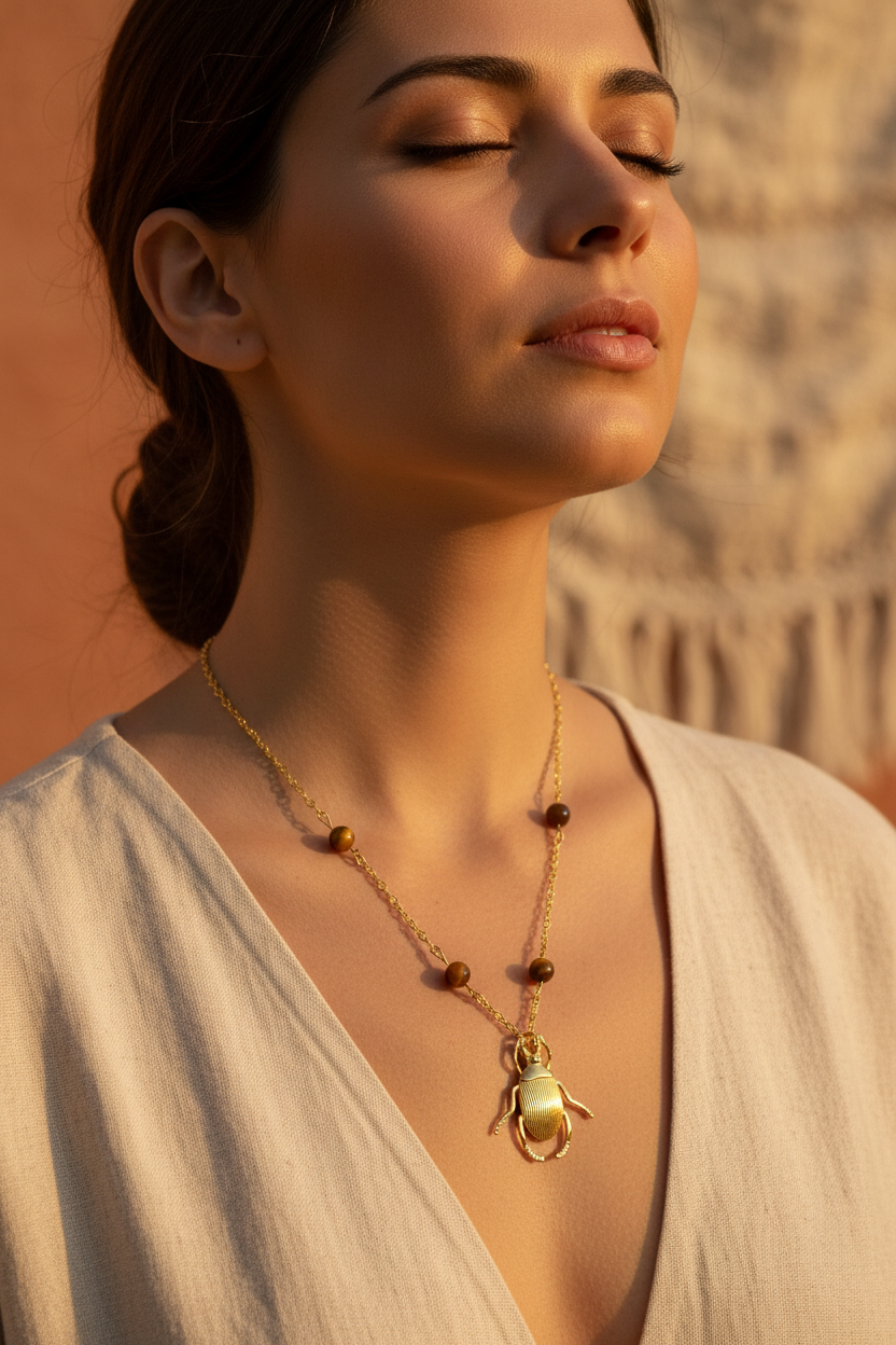 Collier scarabée porté - style bohème féminin sacré