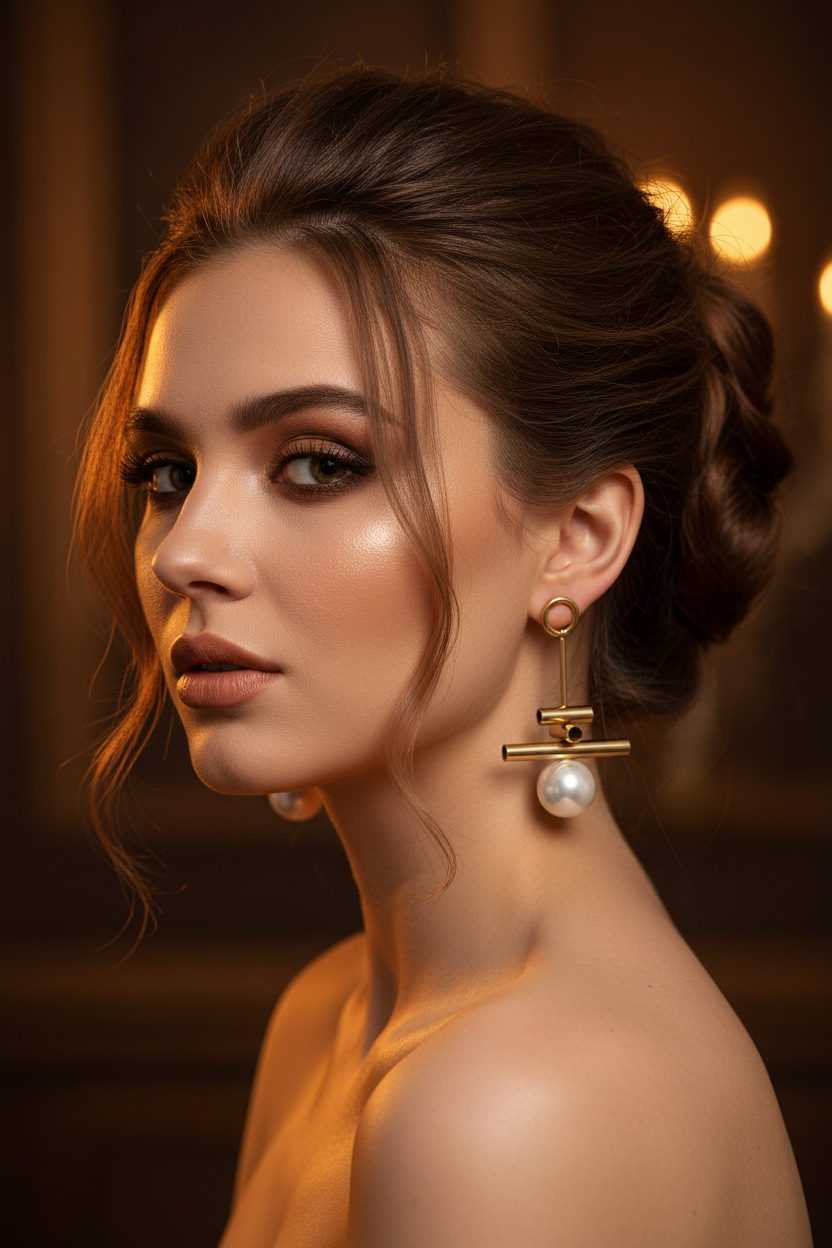 Femme glamour portant les boucles design perle en soirée