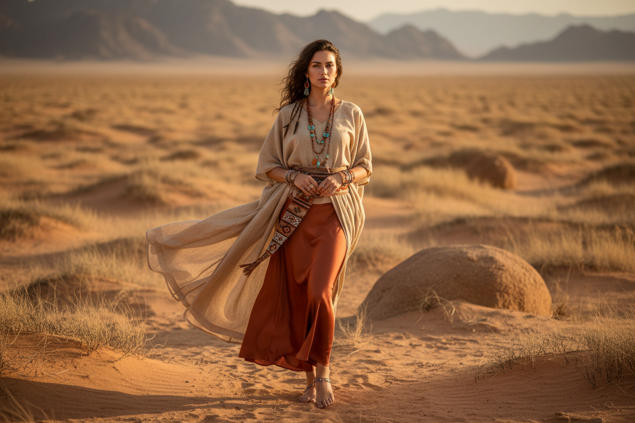 Femme élégante incarnant le féminin sacré et l'âme nomade