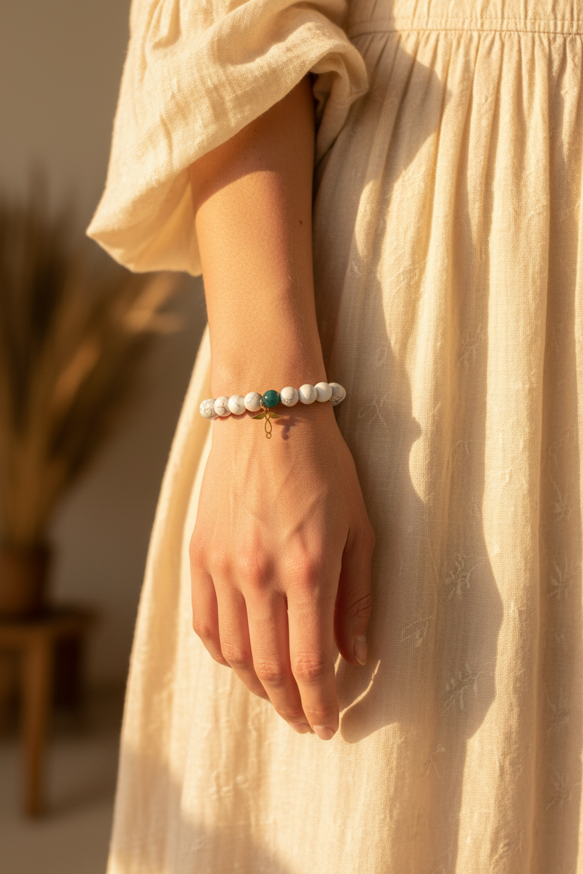 Femme élégante portant le bracelet howlite apatite