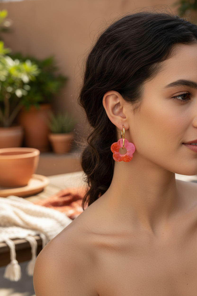 Femme portant les boucles d'oreilles fleur en résine - profil
