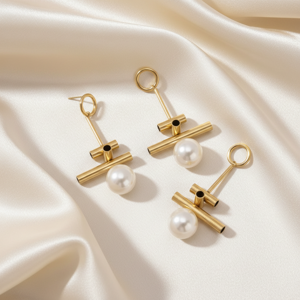 Flat lay luxe boucles design perle géométriques