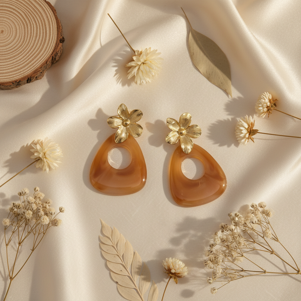 Flat lay luxe boucles fleur dorée résine marbrée