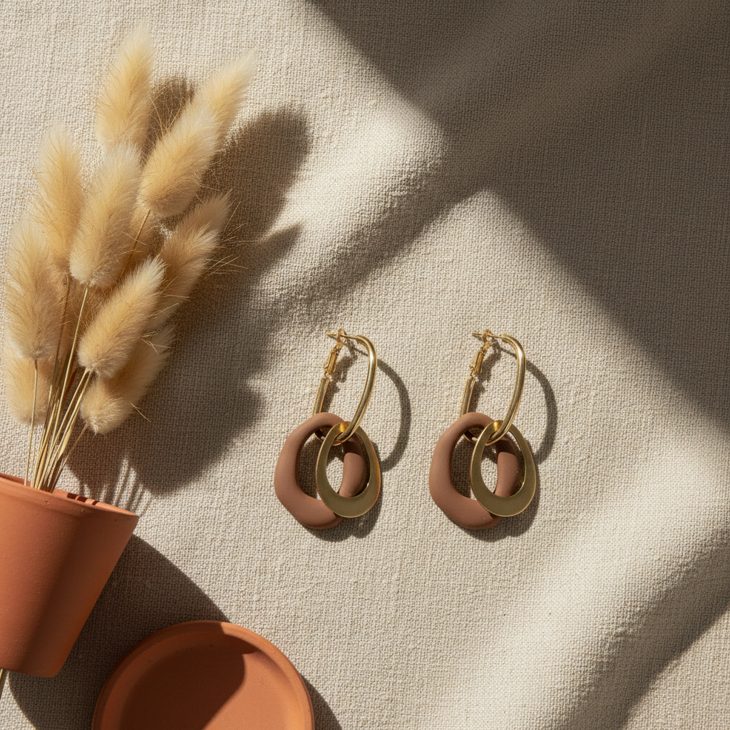 Flat lay marketing créoles anneaux géométriques