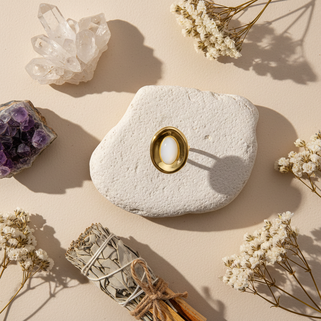 Flat lay spirituel bague dorée pierre blanche