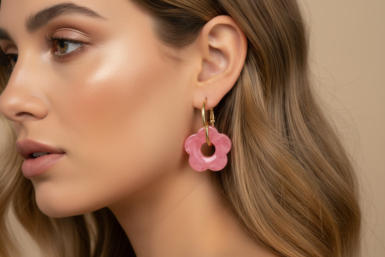 Gros plan boucles d'oreilles roses portées