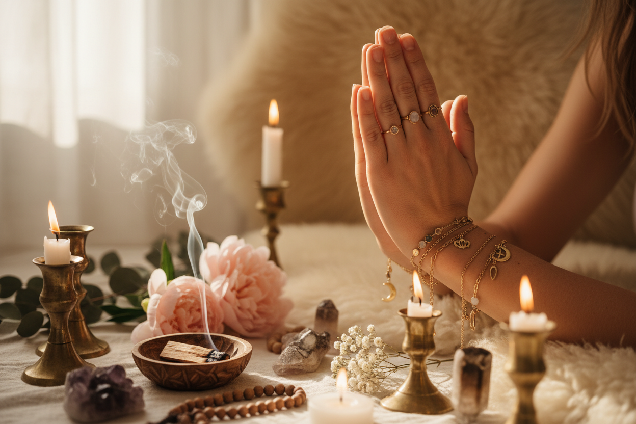 Mains en prière avec bijoux